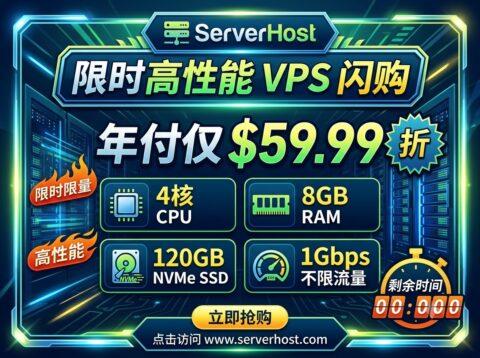 ServerHost 限时高性能 VPS 闪购:4核8GB/120GB NVMe/1Gbps 不限流量,年付仅 $59.99