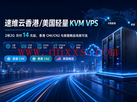 速维云香港/美国轻量 KVM VPS:2核2G 月付 14 元起,香港 CMI/CN2 与美国精品线路可选