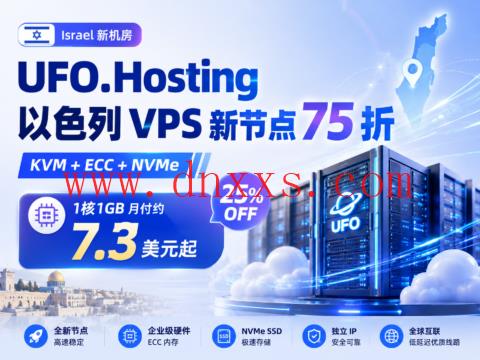 UFO.Hosting 以色列 VPS 新节点 75 折:KVM+ECC+NVMe,1核1GB月付约7.3美元起