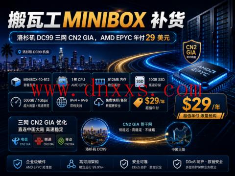 搬瓦工 MINIBOX 补货:洛杉矶 DC99 三网 CN2 GIA,AMD EPYC 年付 29 美元